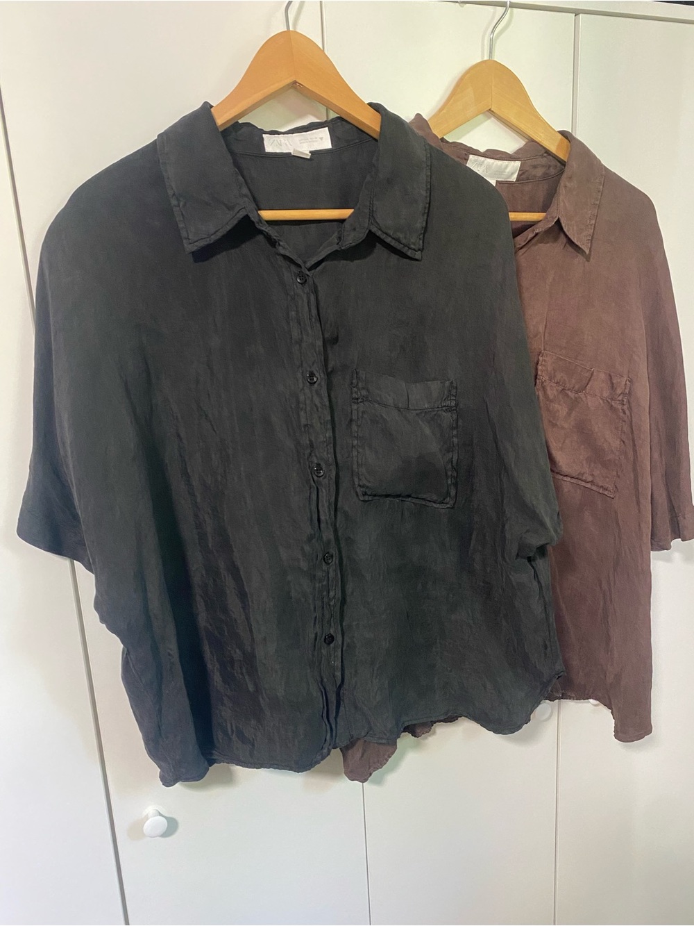 2 Zara Relaxed Short-Sleeve Button Front Shirt - Brown & Black L/XL